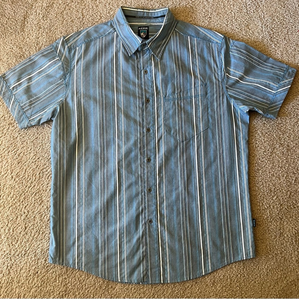 Kuhl Suncel Blue Striped Button Down Cotton Blend Shirt Mens Medium Short Sleeve - Picture 2 of 15